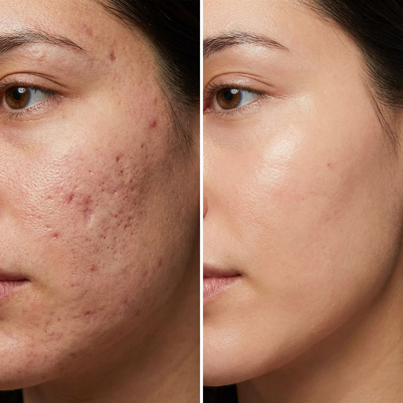Before and after appearance of acne scars